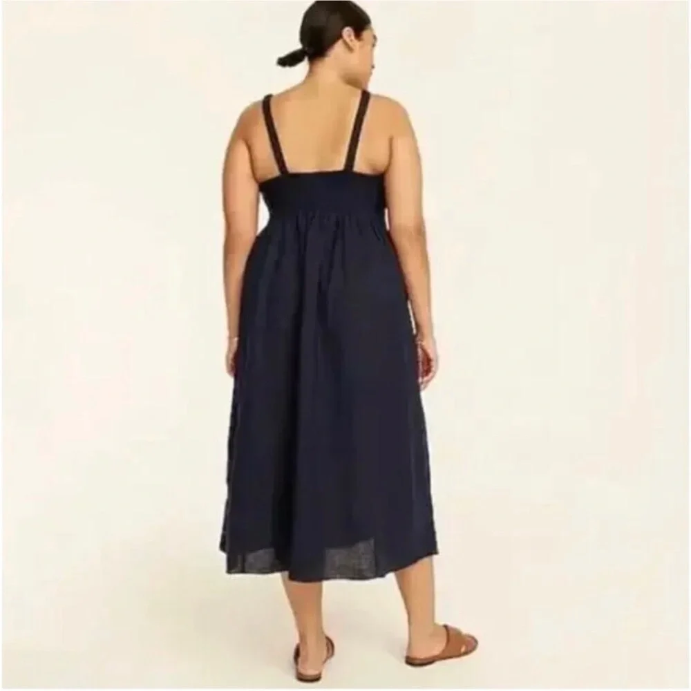 J. Crew Smocked Beach Dress Size M Navy Linen Cotton Blend Sleeveless Midi - Picture 15 of 15